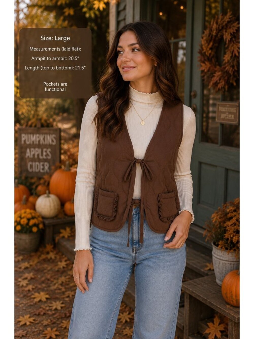 Double Zero Quilted Tie Front Vest Large Brown Ruffle Pocket Cottagecore Boho...